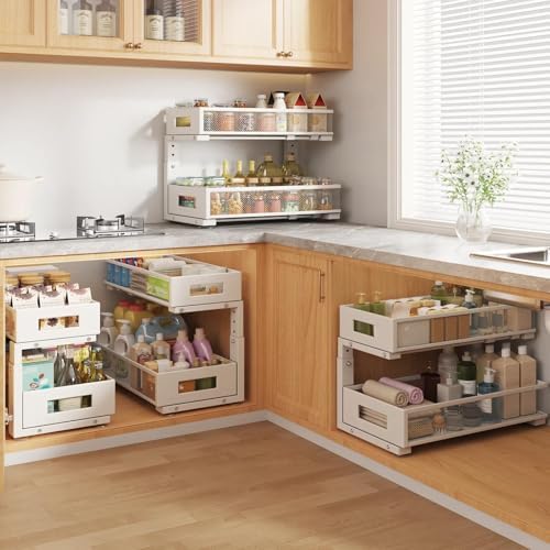 2 Packs 19IN Depth Under Sink Organizer, 2-Tier Pull Out Cabinet Organizer With Smooth Circular Rail, Large Capacity Metal Mesh Sliding Drawers For Bathroom& Kitchen Storage,Height Adjustable –White - Image 5
