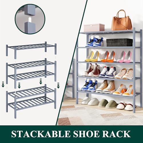 Smiry Bamboo Shoe Rack, 12 Vertical Slats, 2 Tier - 26.8" Wide, Grey - Image 4