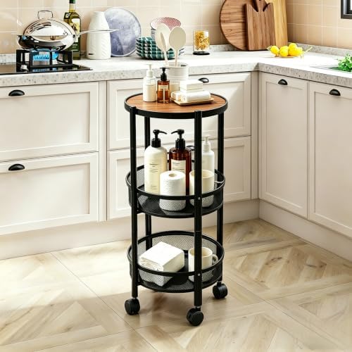 3-Tier Foldable Rolling Cart, Collapsible Metal Utility Cart with Wheels, Assembly-Free, Round Storage Organizer Trolley for Kitchen, Bathroom, Dorm, Nursery-Black - Image 5