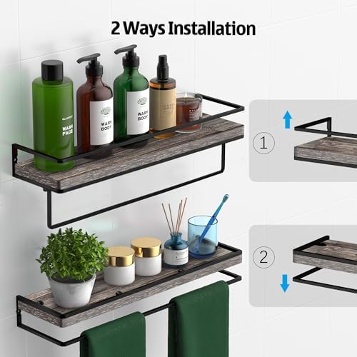 Meangood Floating Shelves Wall Mounted Set of 2, Wall Shelf with Towel Bar Rustic Wood Wall Storage Shelves for Bedroom,Living Room,Bathroom, Kitchen Pine - Image 4