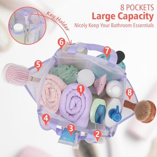 Mesh Shower Caddy Portable - 8 Pockets, S-Hook, Shower Bag for Dorm Camping - Image 2