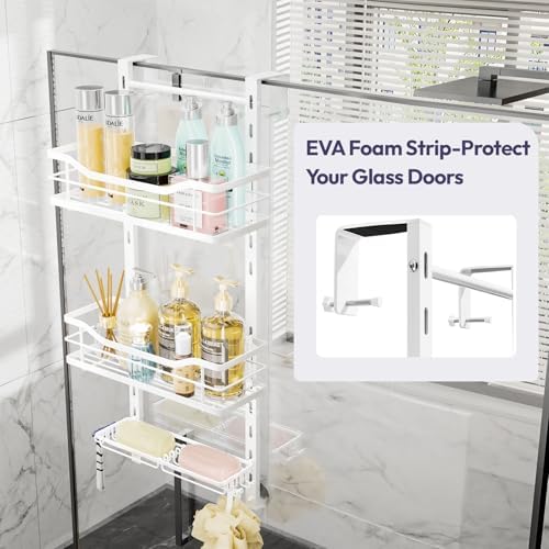 SWTYMIKI Over the Door Shower Caddy - 3 Tier Adjustable Shower Organizer Hanging with Soap Holder, No Drilling Stainless Steel Bathroom Hanging Caddy for Body Wash, Shampoo, Soap, Razor, White - Image 4