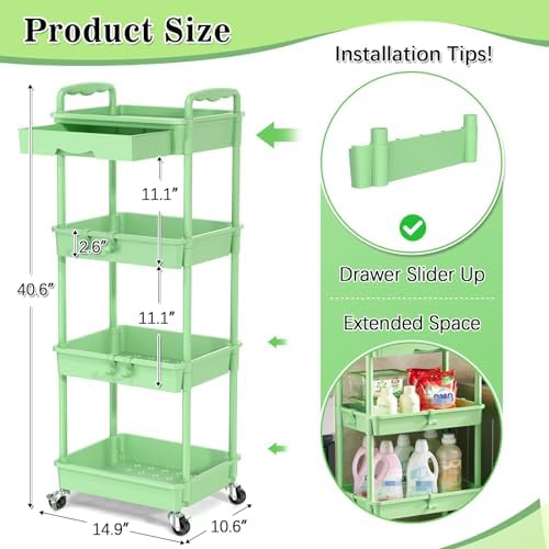 SUNALLY 4 Tier Rolling Cart with Drawer, Craft Storage Cart Organizer,Green - Image 2