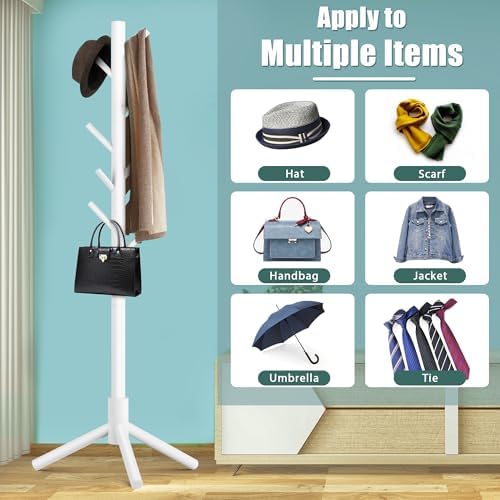 Haddockway Wooden Coat Rack Stand with 8 Hooks New Zealand Pine 3 Adjustable Coat Standing Tree Easy Assembly for Coats, Hats, Scarves and Handbags for Entryway, Hallway, Bedroom, Office, white - Image 6