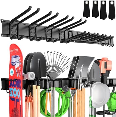 66" Garage Tool Organizer Wall Mount,20 PCS Wall Mounted Garden Tool Storage Rack Carries 720lbs, 4-Panel Steel Tool Hanger System for Shovels Rakes Brooms – Fits 16" Wall Studs by Hailivike