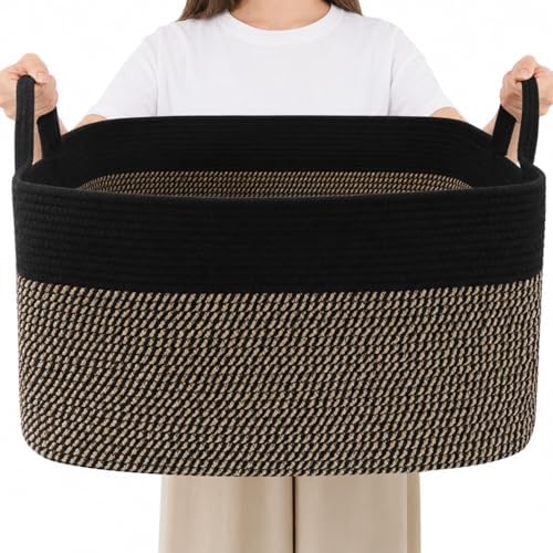 65L Laundry Basket with Handles, Woven Blanket Basket, Black/Jute by HZFTJOY