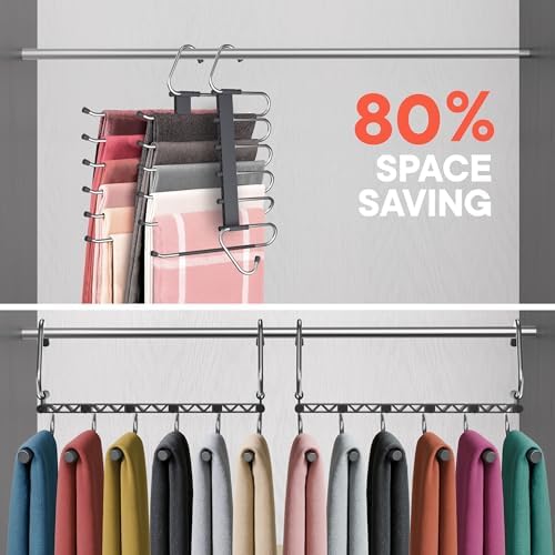 Campior Space Saving Pants Hangers 4 Pack, 6 Layer Jeans Hangers and Closet Organizer for Jeans, Scarves, & Skirts, Multi-Layer Hanger with Anti-Slip Stopper, Heavy-Duty S-Type Stainless Steel, Gray - Image 3