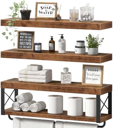 QEEIG Bathroom Shelves Over Toilet - Floating Shelf for Wall Toilet Paper Storage Farmhouse 32 inch Long Set of 3, Rustic Brown (029-80BN3) by QEEIG