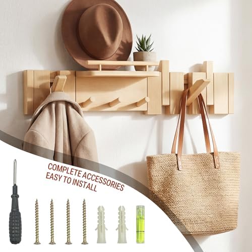 Mid Century Modern Wood Coat Rack Wall Mount with Shelf,7 Hooks, Natural - Image 6