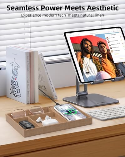 Valet Tray with Wireless Charger, Nightstand Organizer & Catchall Tray for Phone, Keys, Glasses and Accessories, Premium Linen, Stylish Desk & Bedside Storage Station - Image 3