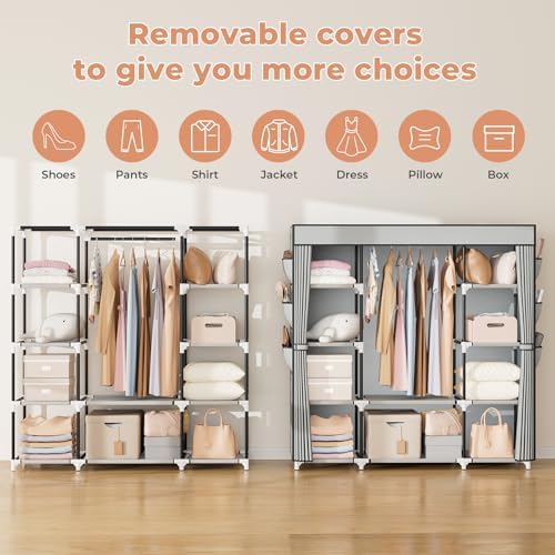 VTRIN Portable Closet Wardrobe for Hanging Clothes 57.3 Inch Large Capacity Clothes Rack with Cover, 10 Storage Organizer Shelves, 1 Hanging Rods and 6 Pockets, Free Standing Closet for Bedroom, Grey - Image 5