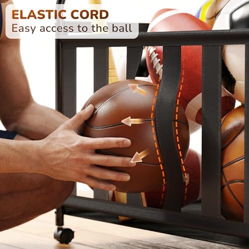 Garage Sports Equipment Organizer with Wheels - Garage Ball Storage with Elastic Rope and 6 Hooks - Home Gym Storage for Basketball Soccer - Outdoor Storage Rack for School Playground (Black) - Image 3