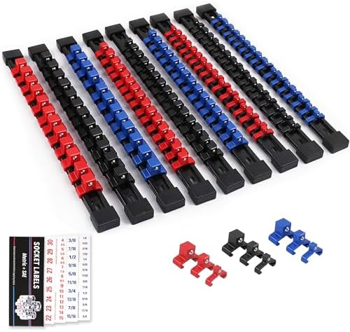 SWANLAKE 9-Piece Premium Socket Holder Organizer Set, 1/4-Inch x 48 Clips, 3/8-Inch x 45 Clips, 1/2-Inch x 36 Clips, Premium Quality Socket Clip Rail Holder by SWANLAKETOOLS