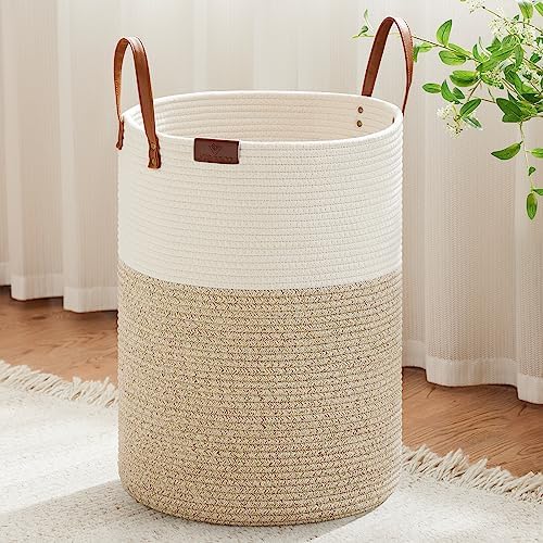 VIPOSCO 100L Tall Woven Rope Laundry Hamper, Leather Handles, White & Brown by VIPOSCO