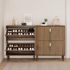Smuxee Shoe Cabinet with 2 Flip Drawers, 31.5" Walnut Hidden Shoe Storage Cabinet with Line Groove Design, Freestanding Shoe Organizer Cabinet for Hallway, Entryway, Living Room - Image 3