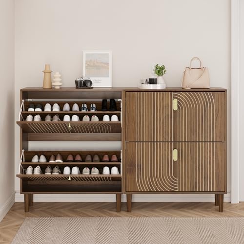Smuxee Shoe Cabinet with 2 Flip Drawers, 31.5" Walnut Hidden Shoe Storage Cabinet with Line Groove Design, Freestanding Shoe Organizer Cabinet for Hallway, Entryway, Living Room - Image 3