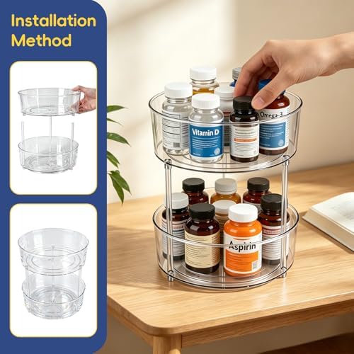 2 Tier Medicine Bottle Organizer, Lazy Susan Organizer for Prescription and Vitamin Bottles, Medicine Cabinet Organizer for Countertop and Bathroom, Transparent Organizer for Empty Pill Bottles - Image 5