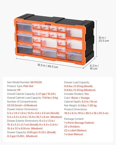 VEVOR 22-Drawer Storage Organizer, Plastic, Drawer Storage Cabinet for Garage Organization, Stackable Small Parts Organizer, Wall-Mounted Toolbox, for Hardware, Beads, Screws, Crafts, Building Bricks - Image 3