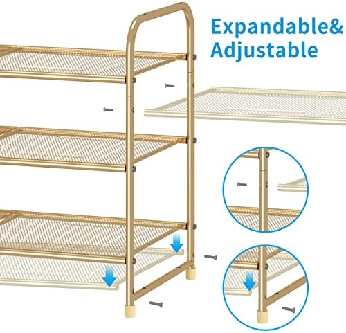 Simple Trending 3-Tier Stackable Shoe Rack, Expandable & Adjustable Shoe Shelf Storage Organizer, Metal Mesh, Gold - Image 4