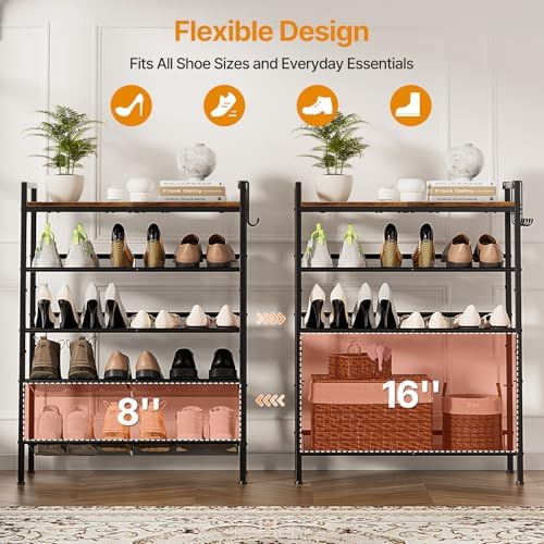 5 Tier Shoe Rack, Shoe Rack for Entryway with Hook, Shoe Organizer with Adjustable Mesh Shelves, Metal Shoe Storage, Closet, Bedroom Living Room Garage - Image 4