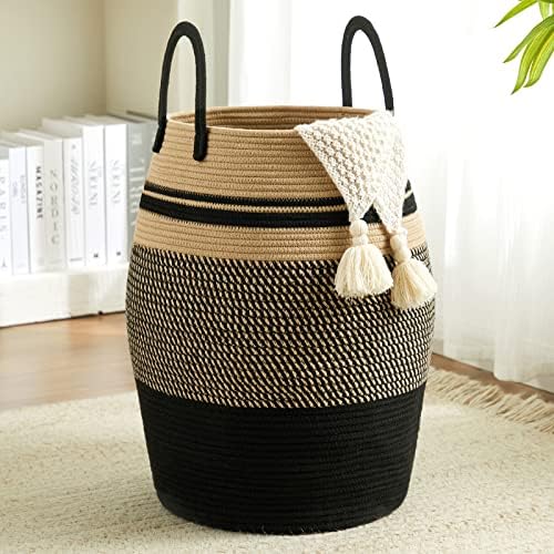 Large Laundry Hamper Basket 65L Woven Blanket Basket, Brown & Black by Fionasmagic