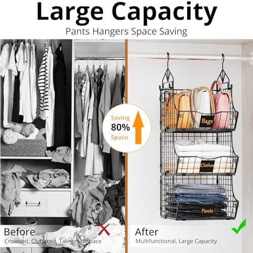 Hanging Closet Organizers and Storage, 3 Tier Closet Shelf Clothes Organizer with 2 S-Hooks, Multi-Functional Iron Wire Baskets, for Clothing, Sweaters, Handbags, Hat, Canned - Image 5