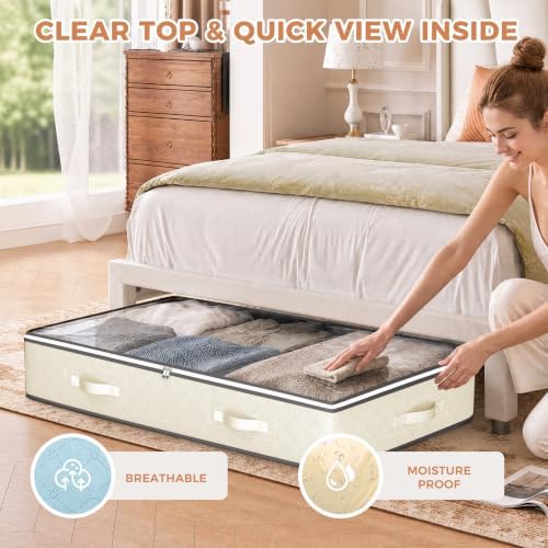 Budding Joy 4 Pack Under Bed Storage Containers with Clear Lids, Beige | Underbed Storage Bags for Blankets, Towels, Comforter, Sweaters, Linen Sheets, Wrapping Paper - Image 6