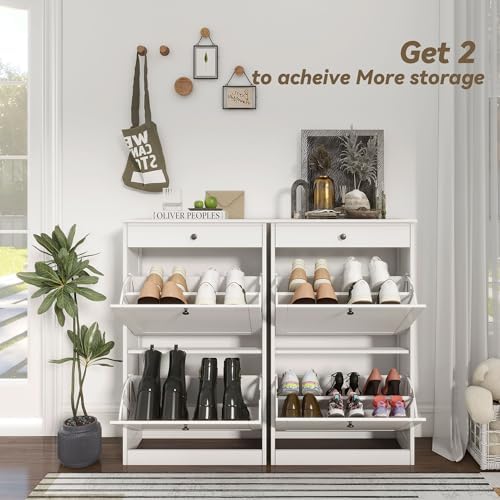 FTZxHKLX Shoe Cabinet with 2 Flip Drawers, Slim Shoe Storage Cabinet, White - Image 4