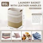 85L Tall Woven Laundry Basket Hamper with Leather Handles,Khaki - Image 2