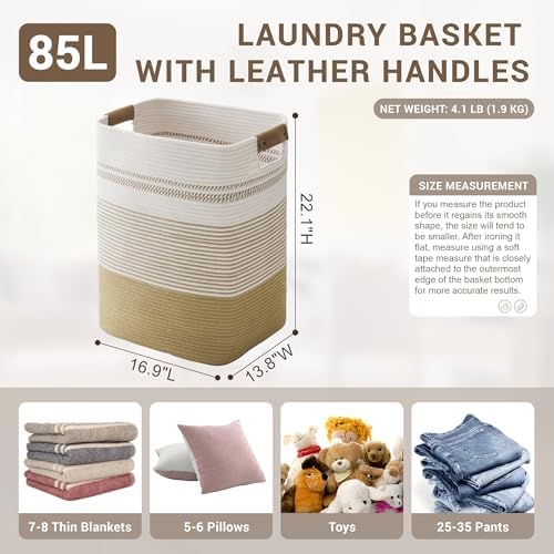 85L Tall Woven Laundry Basket Hamper with Leather Handles,Khaki - Image 2