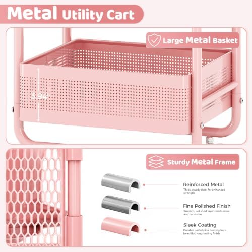 KINGRACK 3 Tier Rolling Cart with Drawer, Metal Utility Storage Cart, Pink | 3 Drawers, Pegboard & Wood Tabletop, Lockable Wheels, 4 Hooks & 1 Bin, for Living Room,Bedroom,Craft Room,Office,Kids Room - Image 5