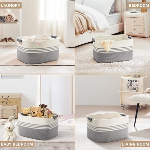 60L Woven Laundry Basket Hamper with Leather Handles,Grey - Image 4