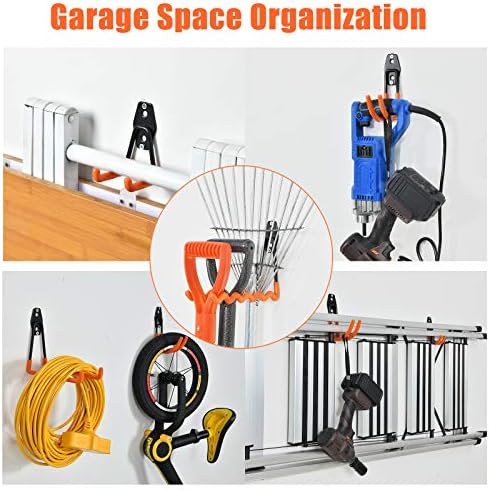 AOBEN 24PCS Garage Hooks, Heavy Duty Double Garage Hanger Organizer Wall Mount Iron Anti-Slip Garage Storage Hooks for Ladder, Power Tool,Bike,Ropes（23 Hooks & 1 hoder Strap-Orange - Image 2