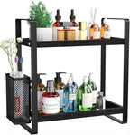 LEMIKKLE Bathroom Organizer Countertop, Counter Organizer for Bathroom Decor, Wooden Sink Shelf for Vanity Storage, Makeup Tray for Perfume Skincare Bedroom Kitchen Corner (Black) by LemikkleDirect