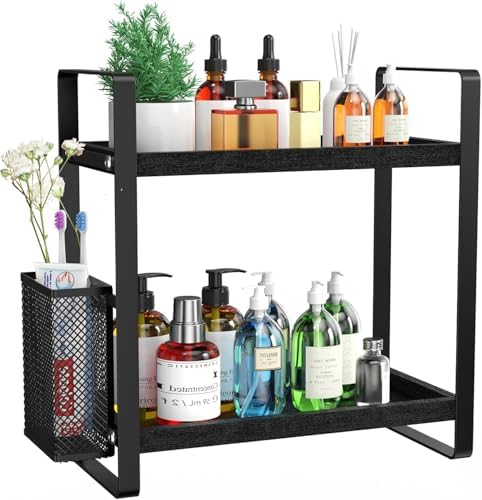 LEMIKKLE Bathroom Organizer Countertop, Counter Organizer for Bathroom Decor, Wooden Sink Shelf for Vanity Storage, Makeup Tray for Perfume Skincare Bedroom Kitchen Corner (Black) by LemikkleDirect