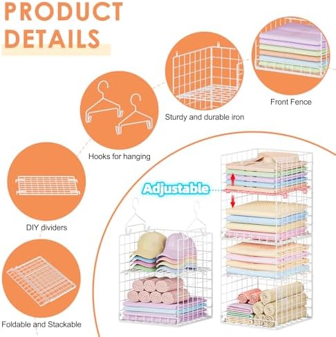 Yuyetuyo 6 Tier Raised-Height Hanging Closet Organizer, Stackable Sweater Organizer for Closet, Wire Storage Basket Bins for Clothes Purse Shoes, Hanging Shelves with 4 Hooks & 3 Dividers Adjustable - Image 5