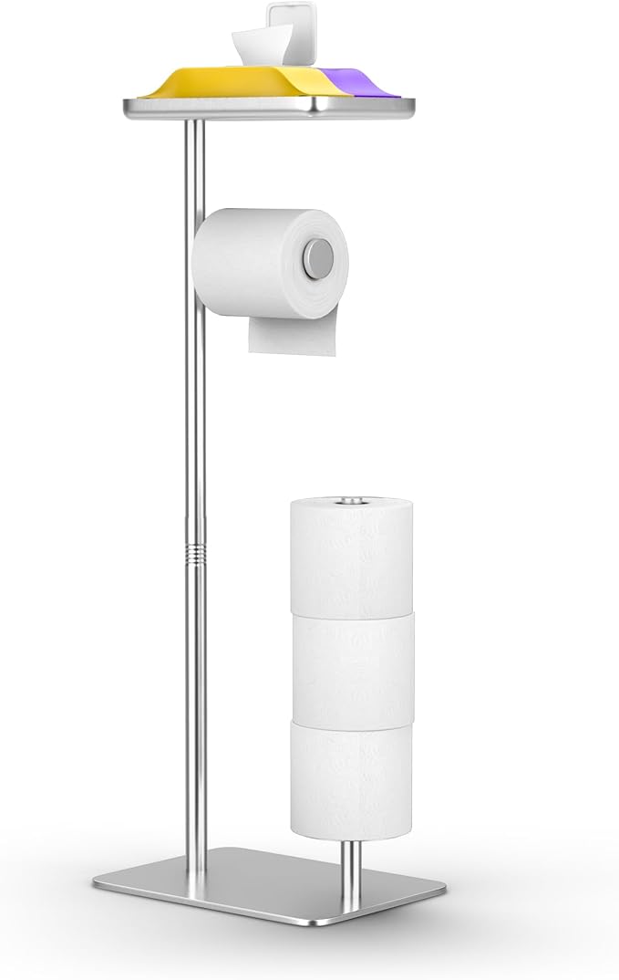 Day Moon™ - Toilet Paper Holder - Modern Roll Holder for Bathroom - 1 Pack - Free Standing - with Shelf, Brushed Nickel by DayMoonDesigns