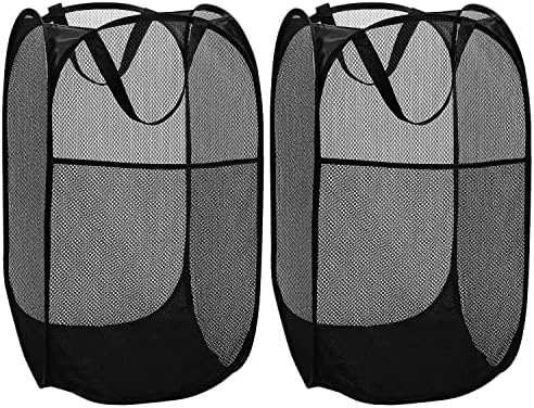 BATTOO Deluxe Strong Mesh Pop up Laundry Hamper Basket with Side Pocket Foldable Hamper for Laundry Room, Bathroom, Kids Room, College Dorm or Travel Black + Black by BATTOO
