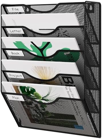 EasyPAG Wall File Organizer 5 Tier Hanging Paper Folder Holder, Zero Assembly Metal Mesh Wall Mounted Mail Organizer for Office Home Classroom Narrow Spaces, Black by EasyPAG