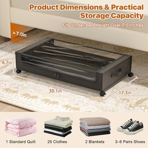 Under Bed Storage with Wheels,XXL 60L Under Bed Storage Containers with Clear Lids, Rolling Under Bed Metal Drawer for Clothes, Shoes,Toys (Black, 2 Pack) - Image 2