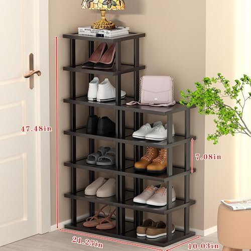 Vertical Shoe Rack - Tall Narrow Shoe Rack Organizer for Small Spaces,12 Tier Bamboo Shoen Shelf for Entryway,Closet,Corner,Doorway,Skinny Shoe Shelf Space Saving Shoe Storage,Free Stackable DIY - Image 2