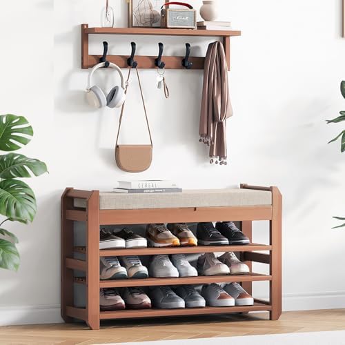 27.6" Shoe Rack Bench with Coat Rack, 3-Tier Entryway Storage Bench by ACSWOD