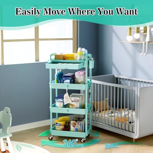 SUNALLY 4 Tier Rolling Cart with Drawer, Craft Storage Cart Organizer, Blue - Image 4