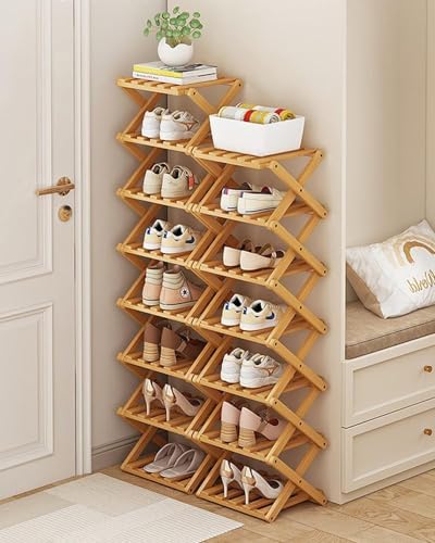 YYW Shoe Rack, Foldable Bamboo Shoes Shelf, Freestanding Shoe Storage Organiser for Entryway, Hallway, Bedroom, Closet (Wood Color, 8 Layers) - Image 3