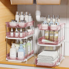 Delamu 2 Pack 3-Tier Bathroom Under Sink Organizers and Storage, Multi-Purpose Stackable Pantry Organization and Storage, Pull Out Clear Kitchen Bathroom Cabinet Organizer with Movable Dividers, Pink by DELAMU