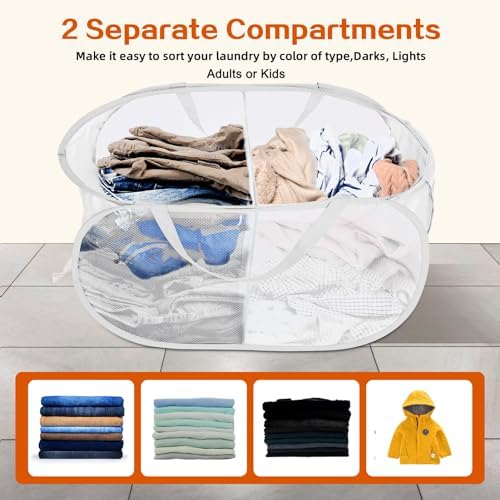 Durable Collapsible Foldable Mesh Pop Up Laundry Basket, 2 Compartments Easy to Carry & Sort Clothes Hampers for Home, Dorm, Travel White - Image 3