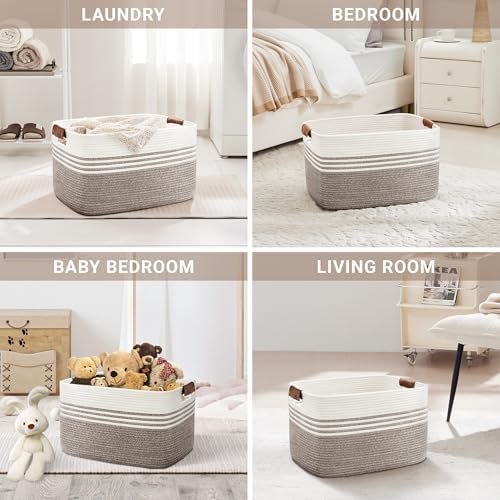60L Woven Laundry Basket Hamper with Leather Handles,Dark Brown - Image 4