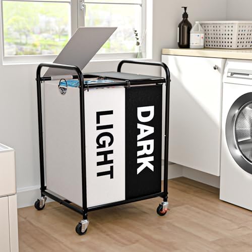 120L Laundry Sorter 2 Section, Rolling Laundry Basket with Wheels ＆ Lid by OLLDIDE