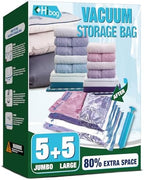 Vacuum Storage Bags, Vacuum Seal Bags for Clothing, 5 Jumbo 5 Large | Extra Large XL, Airtight Triple Seal, Save 80% Space, Hand Pump, Work with Vacuum, Double Zip, Reusable, Easy to Use by HIBAG