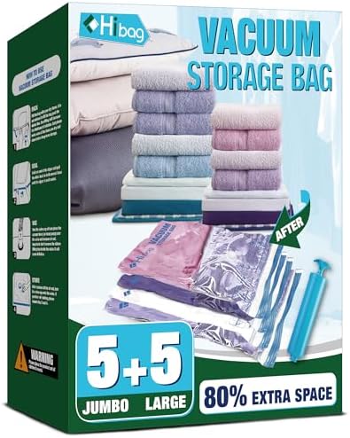 Vacuum Storage Bags, Vacuum Seal Bags for Clothing, 5 Jumbo 5 Large | Extra Large XL, Airtight Triple Seal, Save 80% Space, Hand Pump, Work with Vacuum, Double Zip, Reusable, Easy to Use by HIBAG